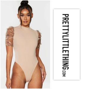 Pretty Little Thing Nude Crepe Snakeskin Organza Puff Sleeve Bodysuit